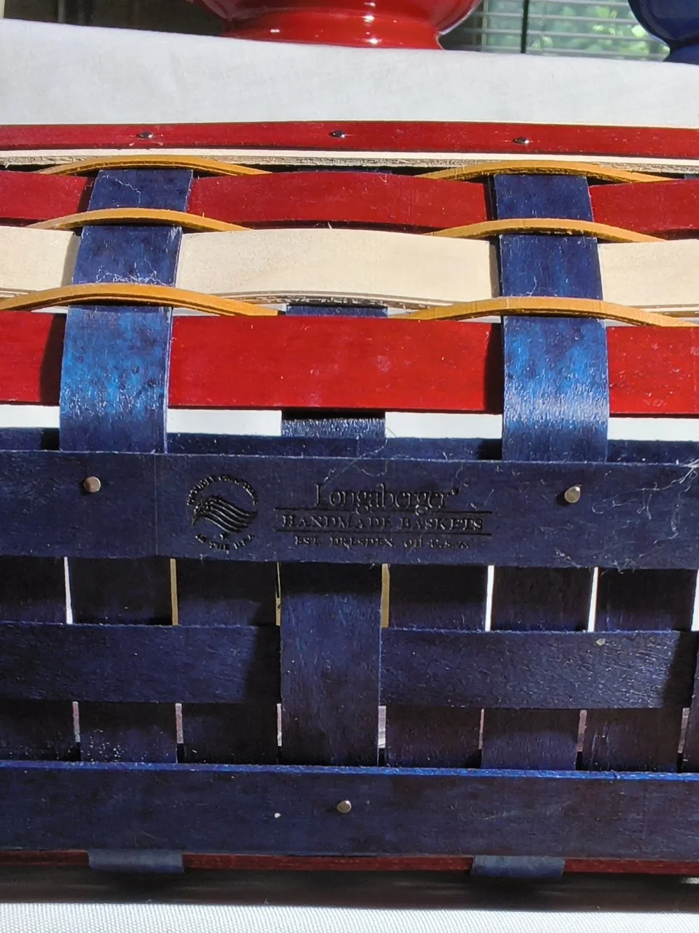 Longaberger Red and Blue Handwoven Basket